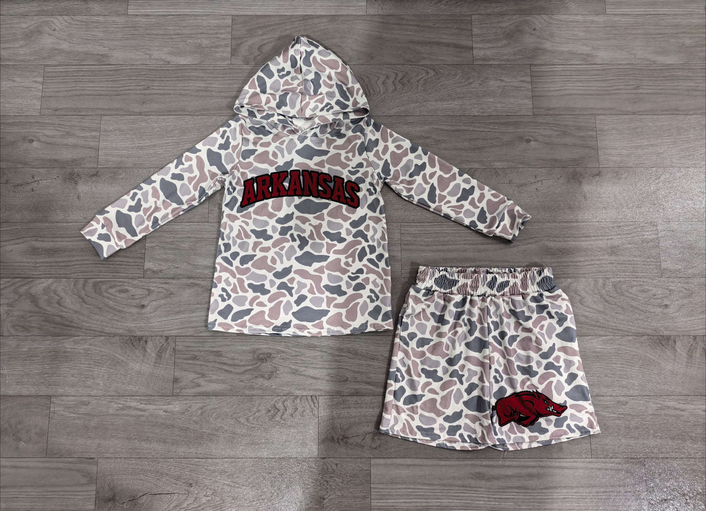 BLS0046 Sample No Moq milk silk Baby Boys Grey Camo Arkansas Long Sleeve Hoodie Short Team Clothes Set