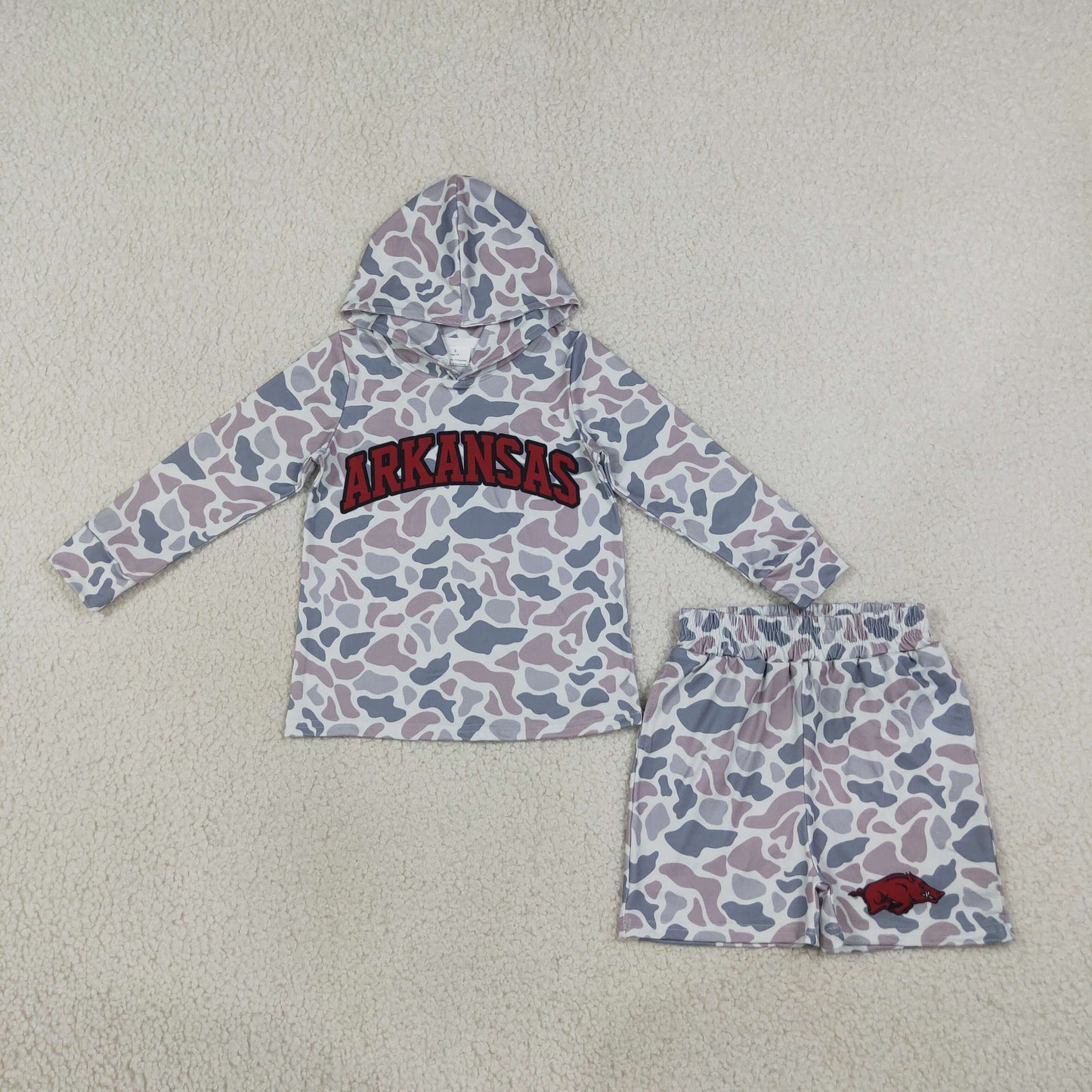 RTS NO MOQ Sibling milk silk Baby Boys Light Grey Camo Long Sleeve Hoodie Pockets Short Team Clothes Set