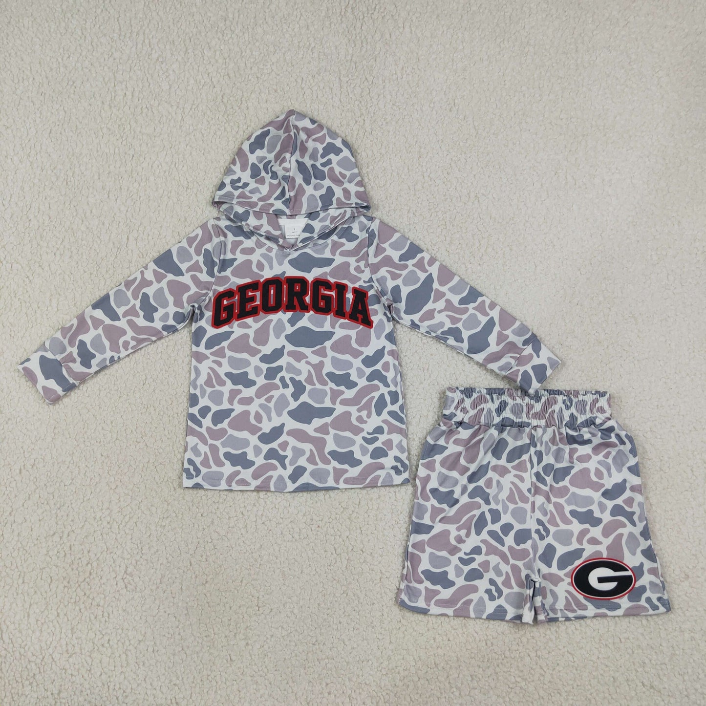 RTS NO MOQ milk silk BLS0047 Baby Boys Light Grey Camo Georgia Long Sleeve Hoodie Pockets Short Team Clothes Set