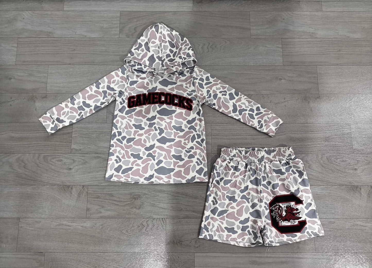 BLS0048 Sample No Moq milk silk Baby Boys Grey Camo Gamecocks Long Sleeve Hoodie Short Team Clothes Set