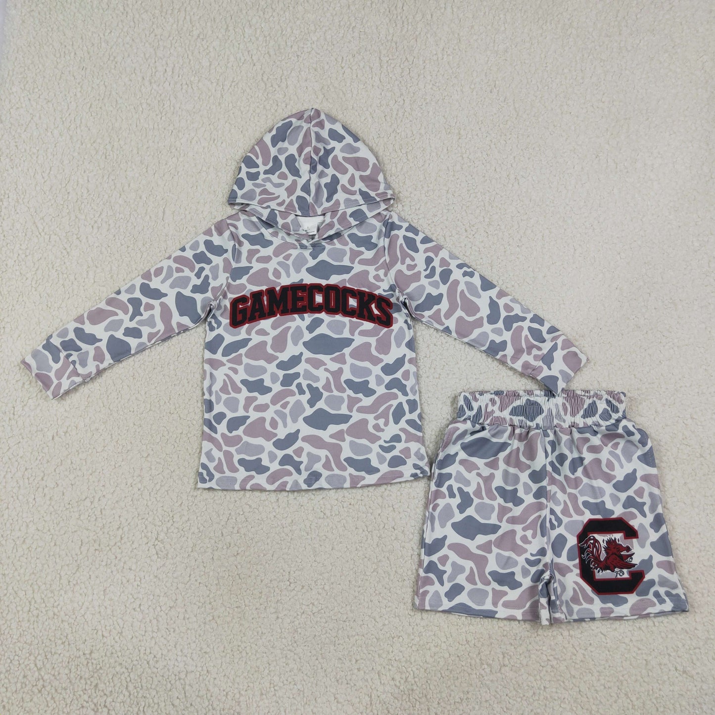 RTS NO MOQ （In stock）BLS0048 milk silk Baby Boys Grey Camo Gamecocks Long Sleeve Hoodie Short Team Clothes Set