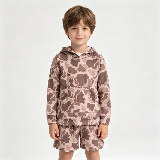 BLS0050 Sample No Moq milk silk Baby Boys Long Sleeve Khaki Camo Hoodie Top Pocket Short Clothes Set