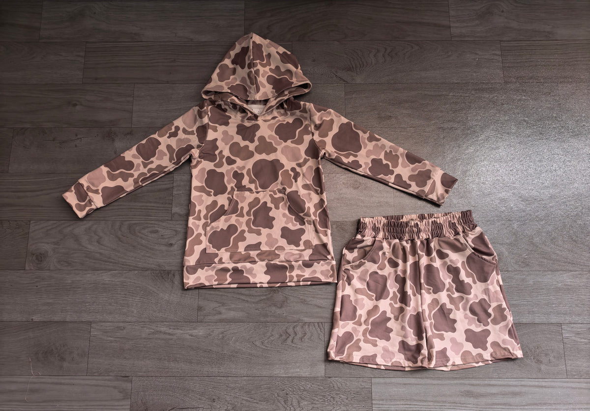 BLS0050 Sample No Moq milk silk Baby Boys Long Sleeve Khaki Camo Hoodie Top Pocket Short Clothes Set