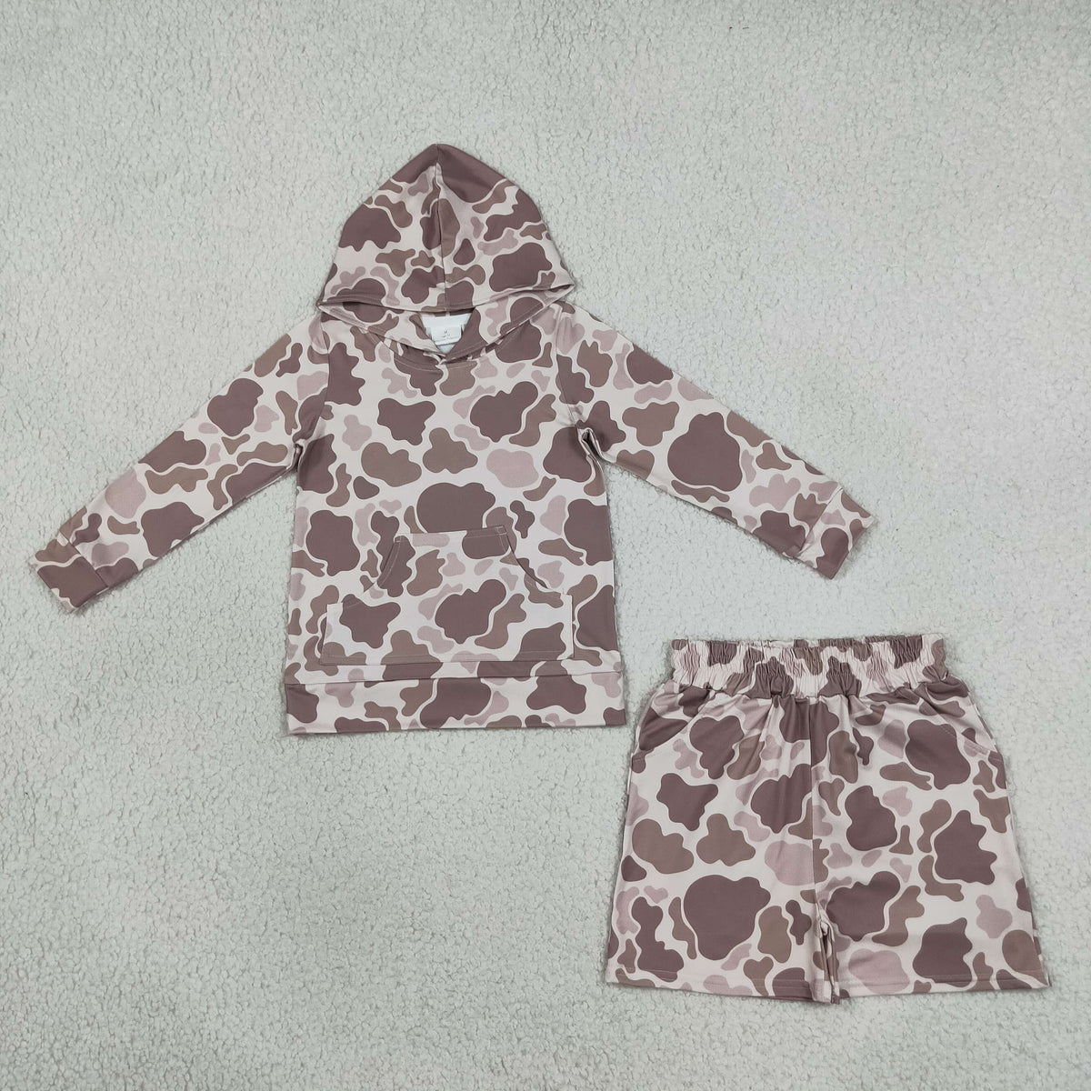 RTS NO MOQ （In stock）BLS0050 milk silk Baby Boys Long Sleeve Khaki Camo Hoodie Top Pocket Short Clothes Set