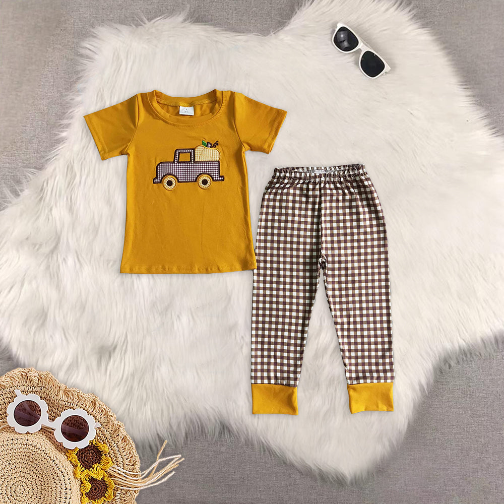 8.13  RTS Sibling Dog pumpkin embroidery plaid pants baby boy fall clothes
