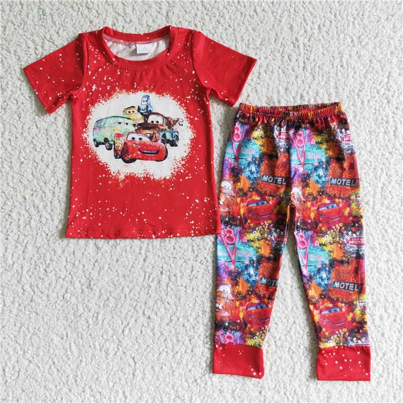 4.26 RTS NO MOQ Girls Red Car Bleached Shirt And Bell Bottom Pants Clothing Set Cute Retro Style Outfit for Kids