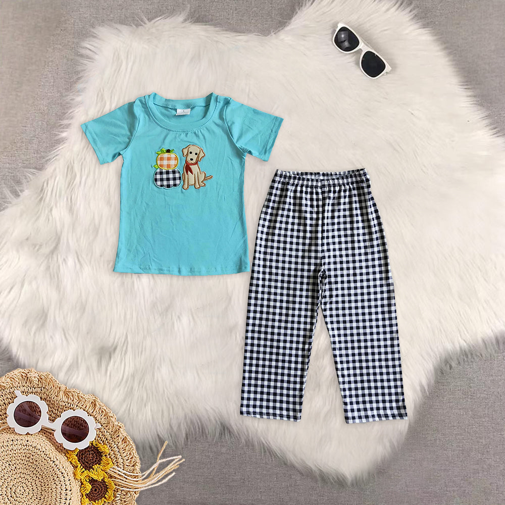 8.13  RTS Sibling Dog pumpkin embroidery plaid pants baby boy fall clothes