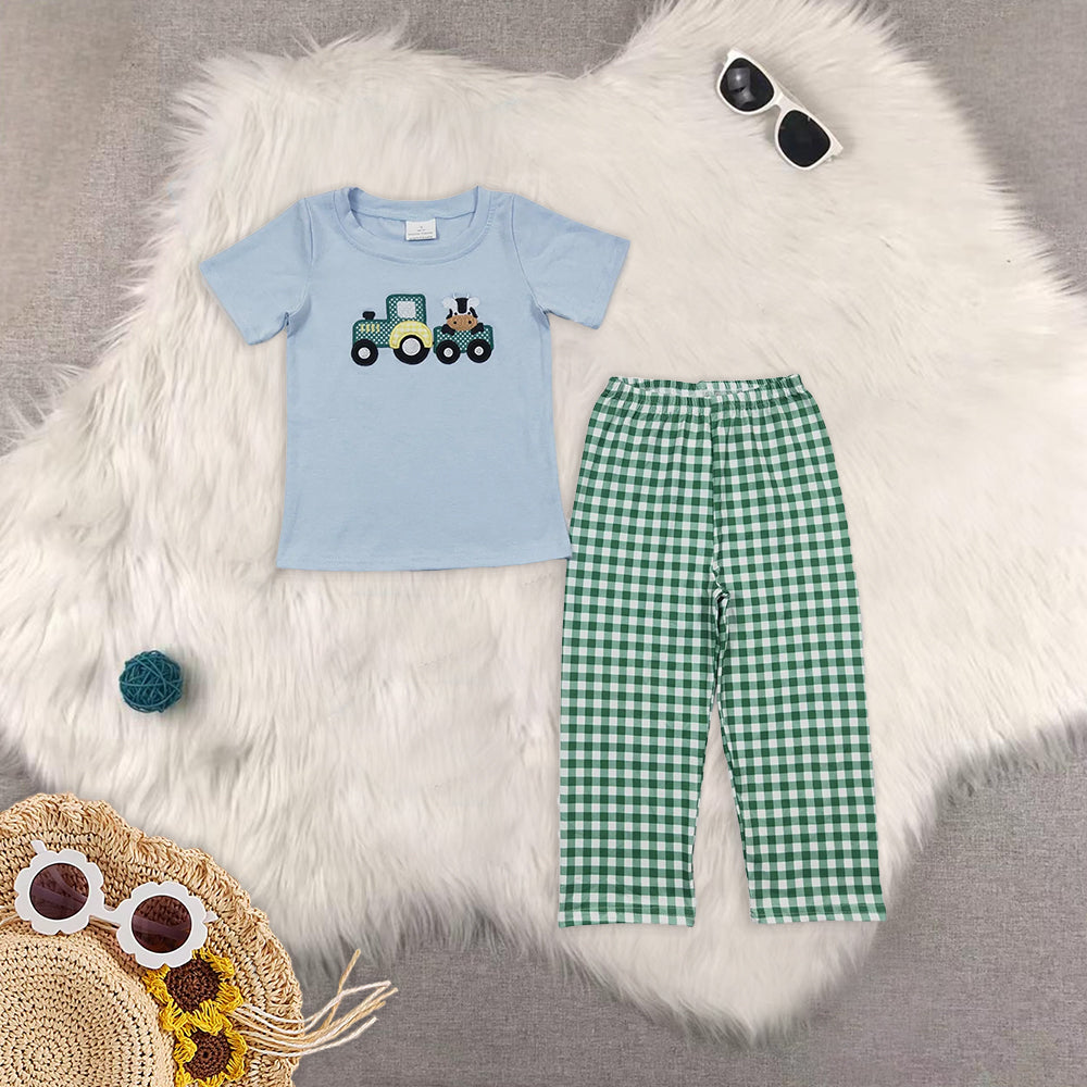 8.13   RTS Sibling Baby Boys Spring Outfits Blue pocket top plaid pants boys fall clothing set