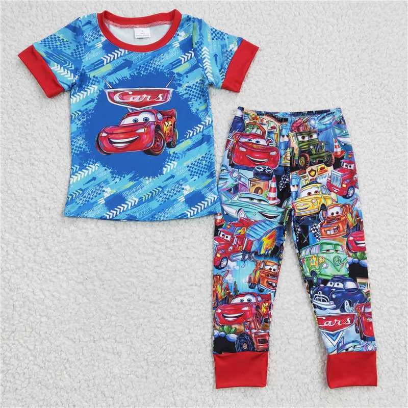 4.26 RTS NO MOQ Girls Red Car Bleached Shirt And Bell Bottom Pants Clothing Set Cute Retro Style Outfit for Kids