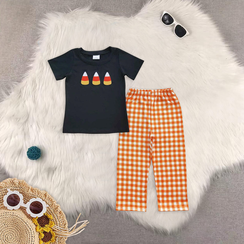 8.13  RTS Sibling Baby Boys Spring Outfits Candy corn black shirt plaid pants boy Halloween outfits