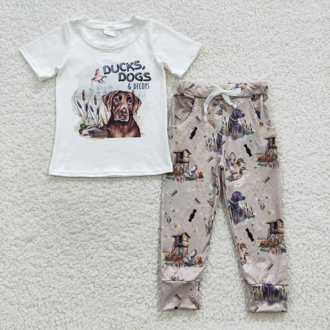 12.19 RTS Sibling Baby Boys Short Sleeve Dogs Ducks Top Pants Hunting Pajamas Clothes Sets