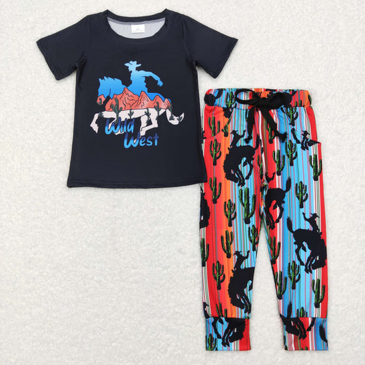 1.24 BSPO0138 RTS No Moq Baby Boys Wild West Rodeo Black Shirt Cactus Pants Clothes Sets