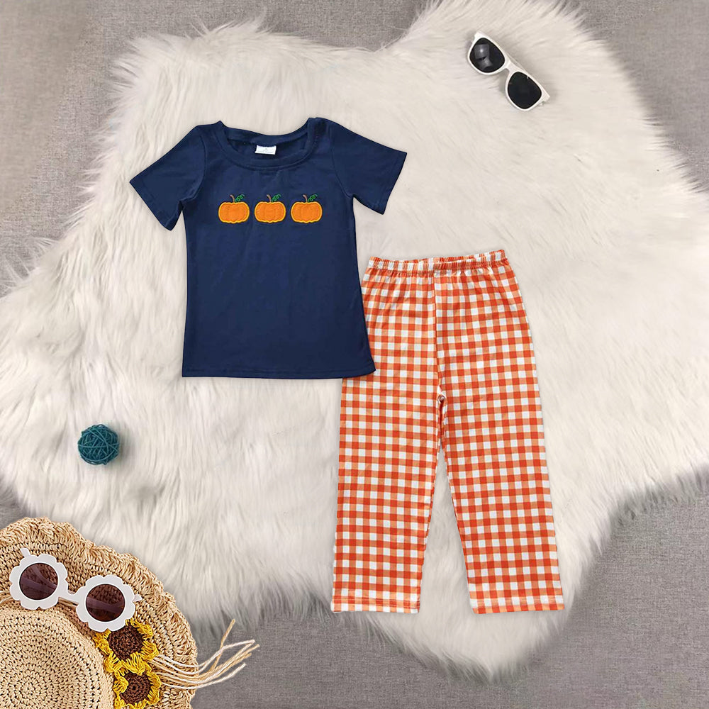 8.13  RTS Sibling Baby Boys Spring Outfits Candy corn black shirt plaid pants boy Halloween outfits
