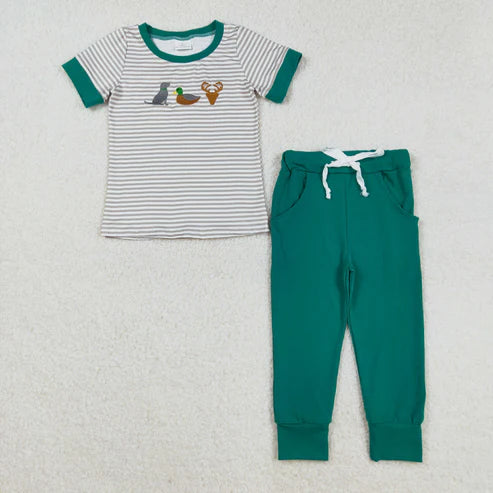 10.28 RTS Sibling Baby Boys Embroidery Deer Dog Ducks Stripe Top Pockets Pants Hunting Clothes Sets Pant Rompers