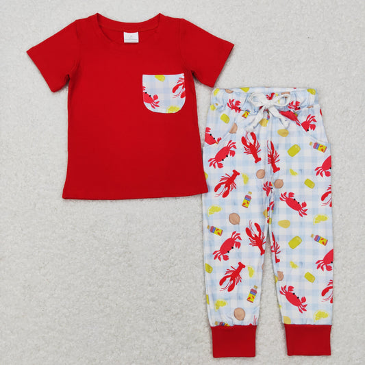 1.17 BSPO0189 RTS No Moq Promotion Baby Boys Red Short Sleeve Pocket Top Crawfish Pants Clothing Sets