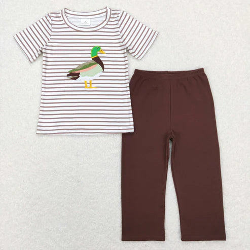 10.28 RTS Sibling Baby Boys Girls Embroidery Ducks Stripe Top Hunting Clothes Sets Pant Rompers