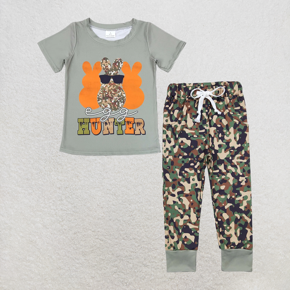 7.22  RTS NO MOQ Baby Girls Boys Spring Outfits Egg hunter bunny top camo pants girls easter clothes