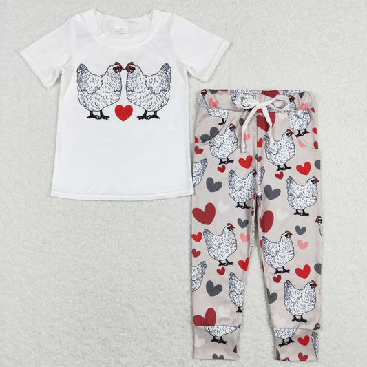 12.6 BSPO0221 RTS No Moq Promotion Baby Boys Valentines Chicken Top Shirt Pants Clothing Sets