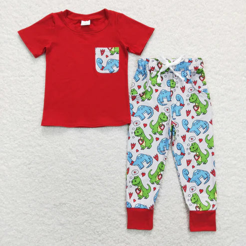 9.16 RTS Sibling Baby Boys Hearts Dinosaurs Top Pants Valentine Pajamas Clothes Sets Zipper Footie Rompers