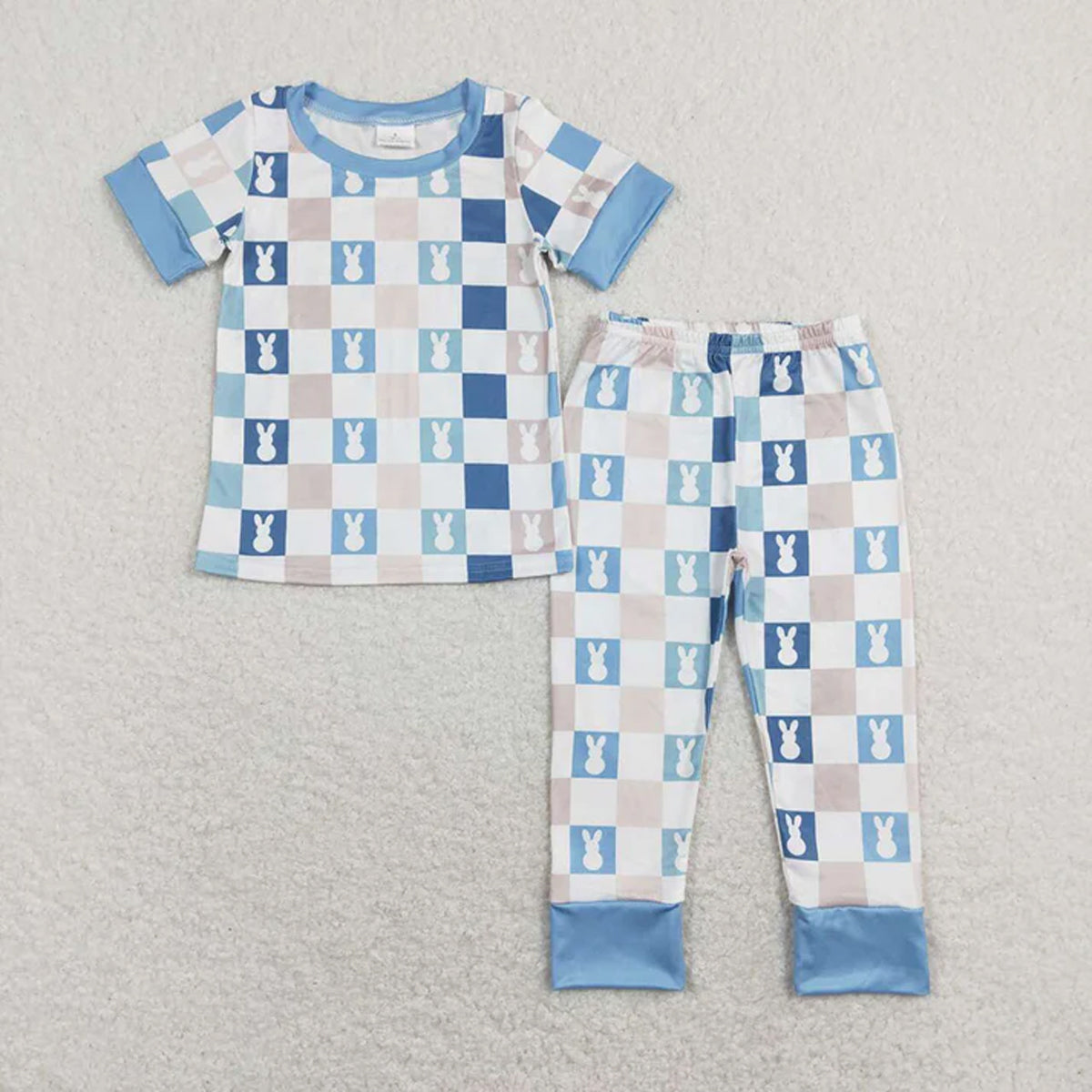 RTS Sibling Baby Boys Blue Checkered Rabbits Short Sleeve Tops Pants Pajamas Clothes Sets rompers