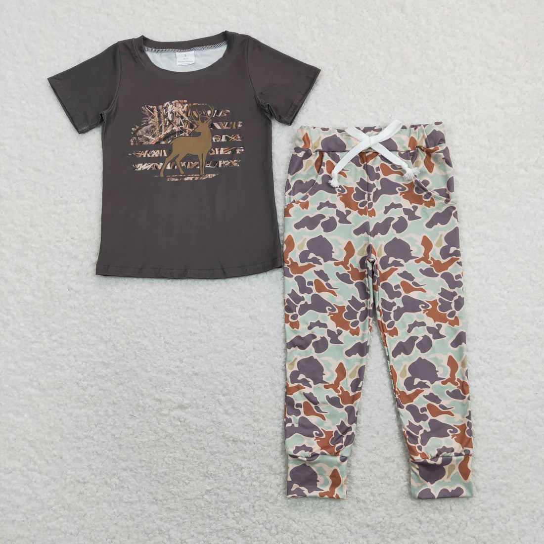 12.18 RTS Sibling Baby Boys Deer Fishing Top Camo Pockets Pants Hunting Pajamas Clothes Sets