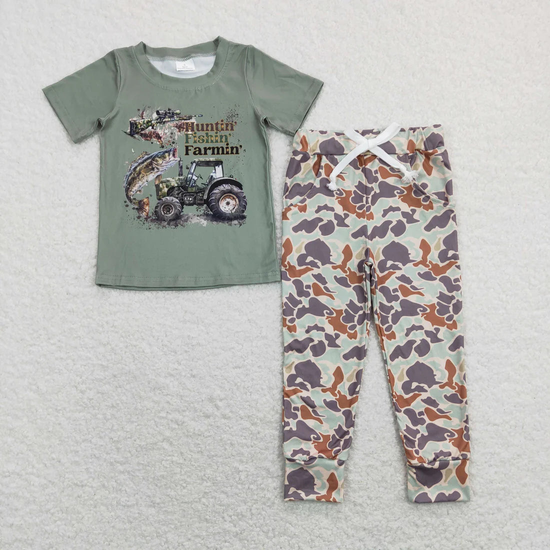 12.18 RTS Sibling Baby Boys Short Sleeve Hunting Fishing Top Pockets Camo Pants Clothes Sets