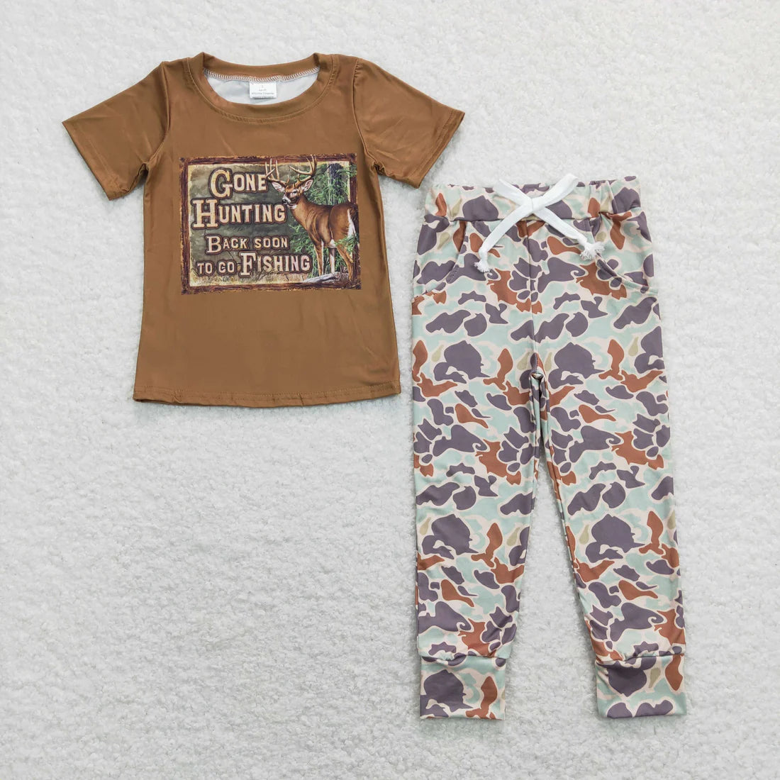 12.18 RTS Sibling Baby Boys Deer Fishing Top Camo Pockets Pants Hunting Pajamas Clothes Sets