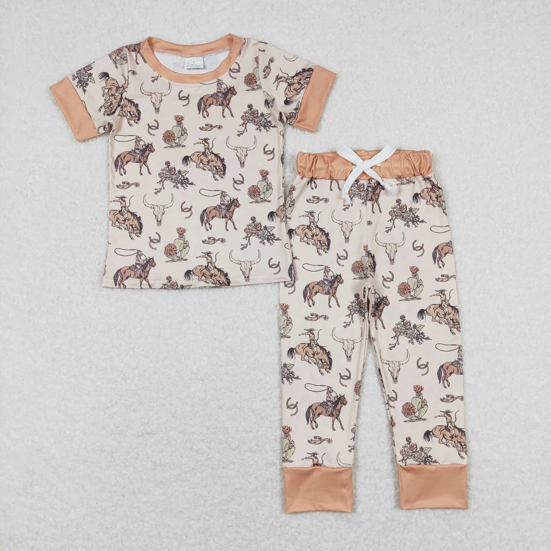12.17 RTS Sibling Baby Boys Horses Cows Pants Western Pajamas Set Zipper Rompers