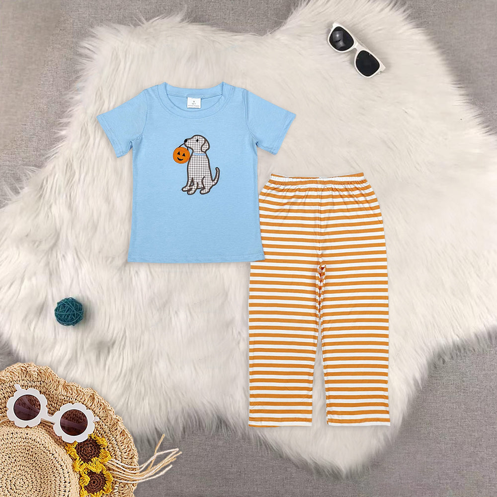 8.13  RTS Sibling Baby Boys Spring Outfits Candy corn black shirt plaid pants boy Halloween outfits