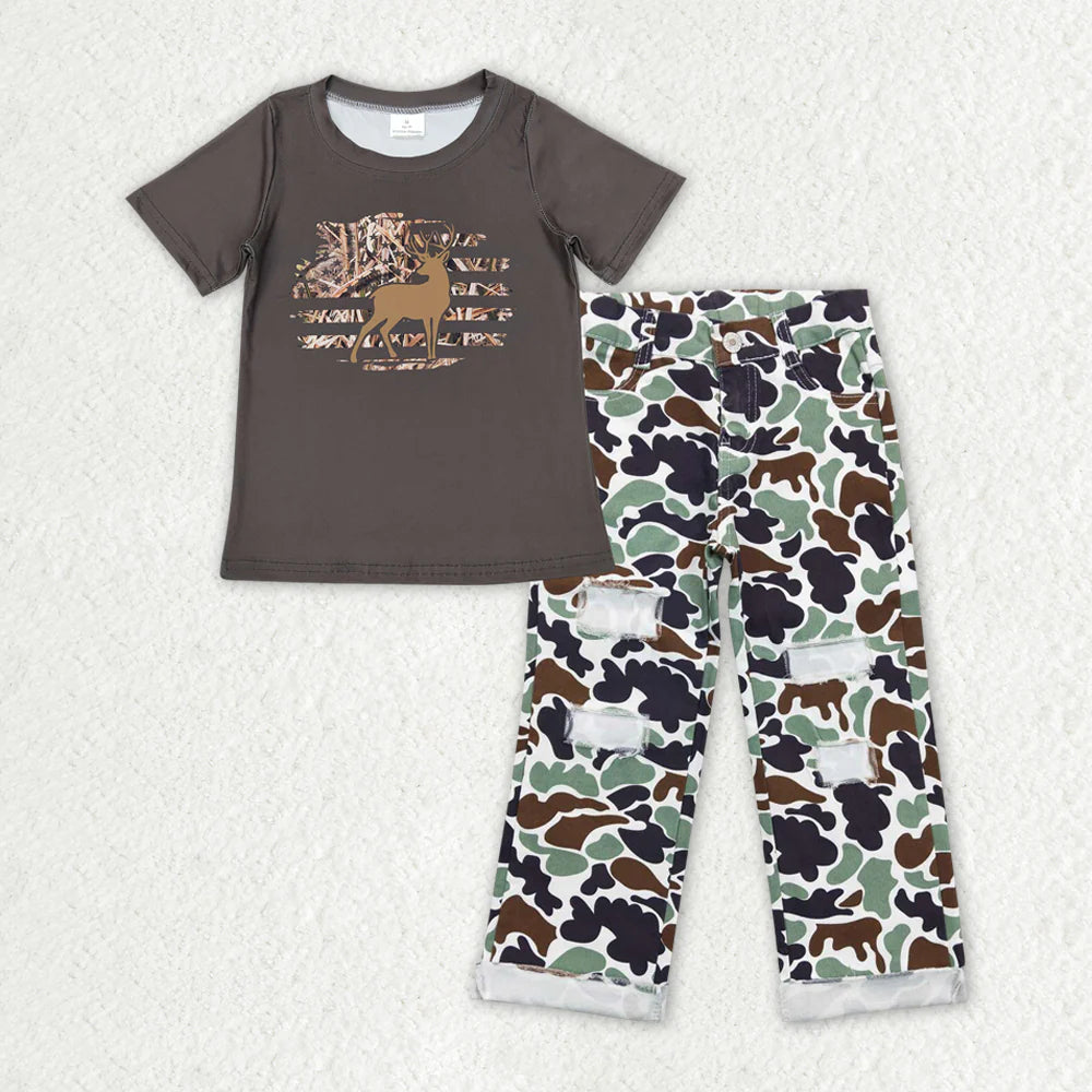 12.18 RTS Sibling Baby Boys Deer Fishing Top Camo Pockets Pants Hunting Pajamas Clothes Sets