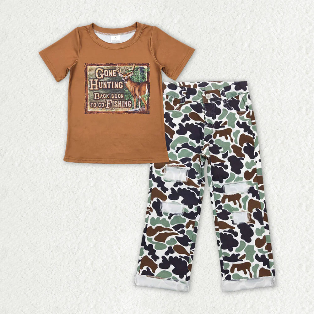 12.18 RTS Sibling Baby Boys Deer Fishing Top Camo Pockets Pants Hunting Pajamas Clothes Sets