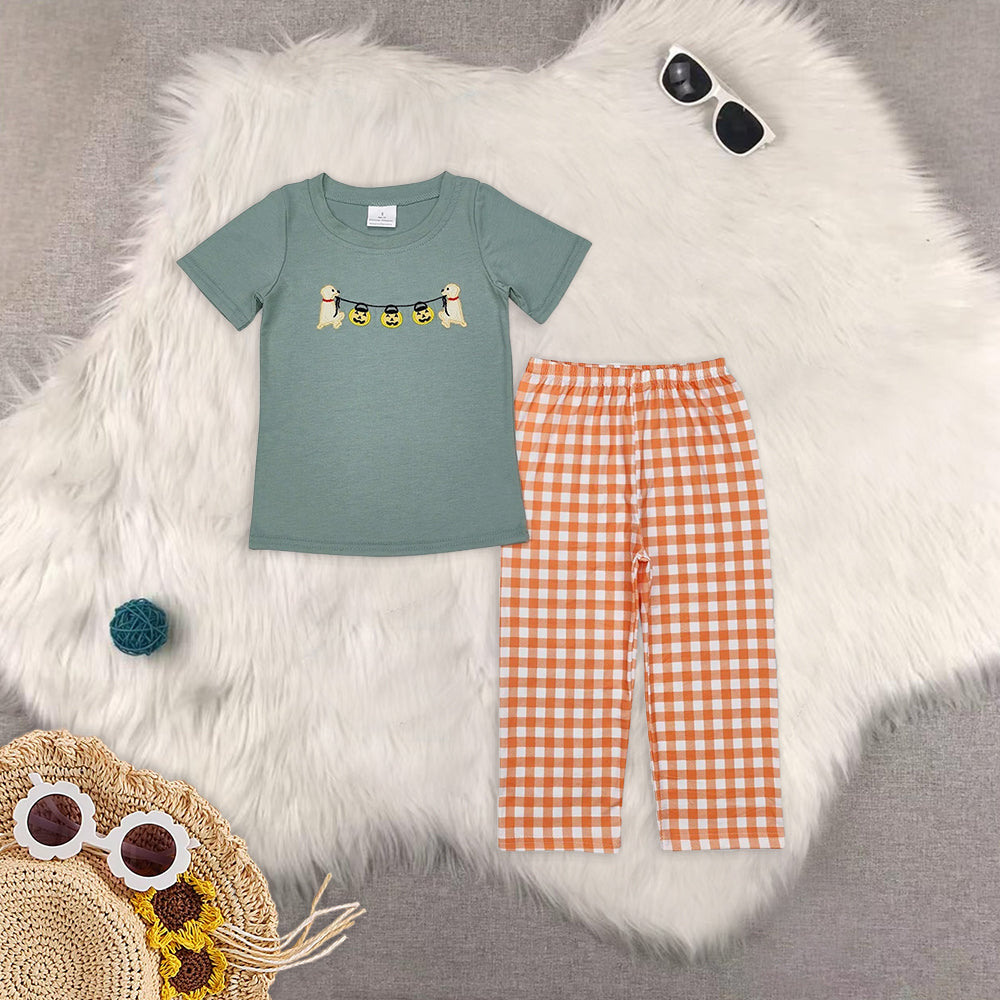 8.13  RTS Sibling Baby Boys Spring Outfits Candy corn black shirt plaid pants boy Halloween outfits