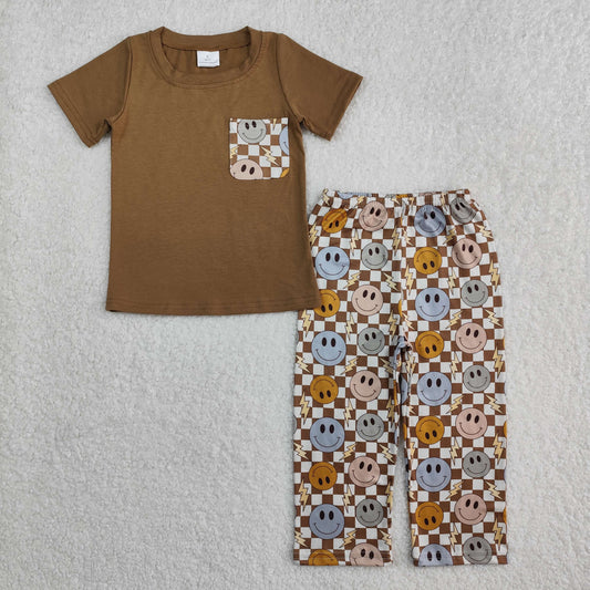 BSPO0425Boys' Short Sleeve Smiley Plaid Clothing Set Pants Outfit with Cheery Graphic Design for Kids' Casual Wear