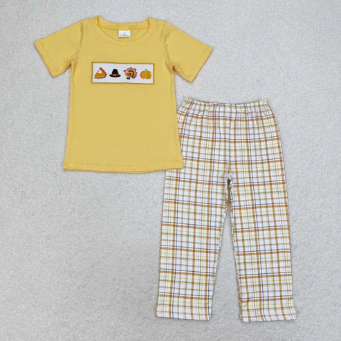 9.22 RTS Sibling Baby Boys Girls Embroidery Turkey Pie Short Sleeves Pants Thanksgiving Clothes Sets