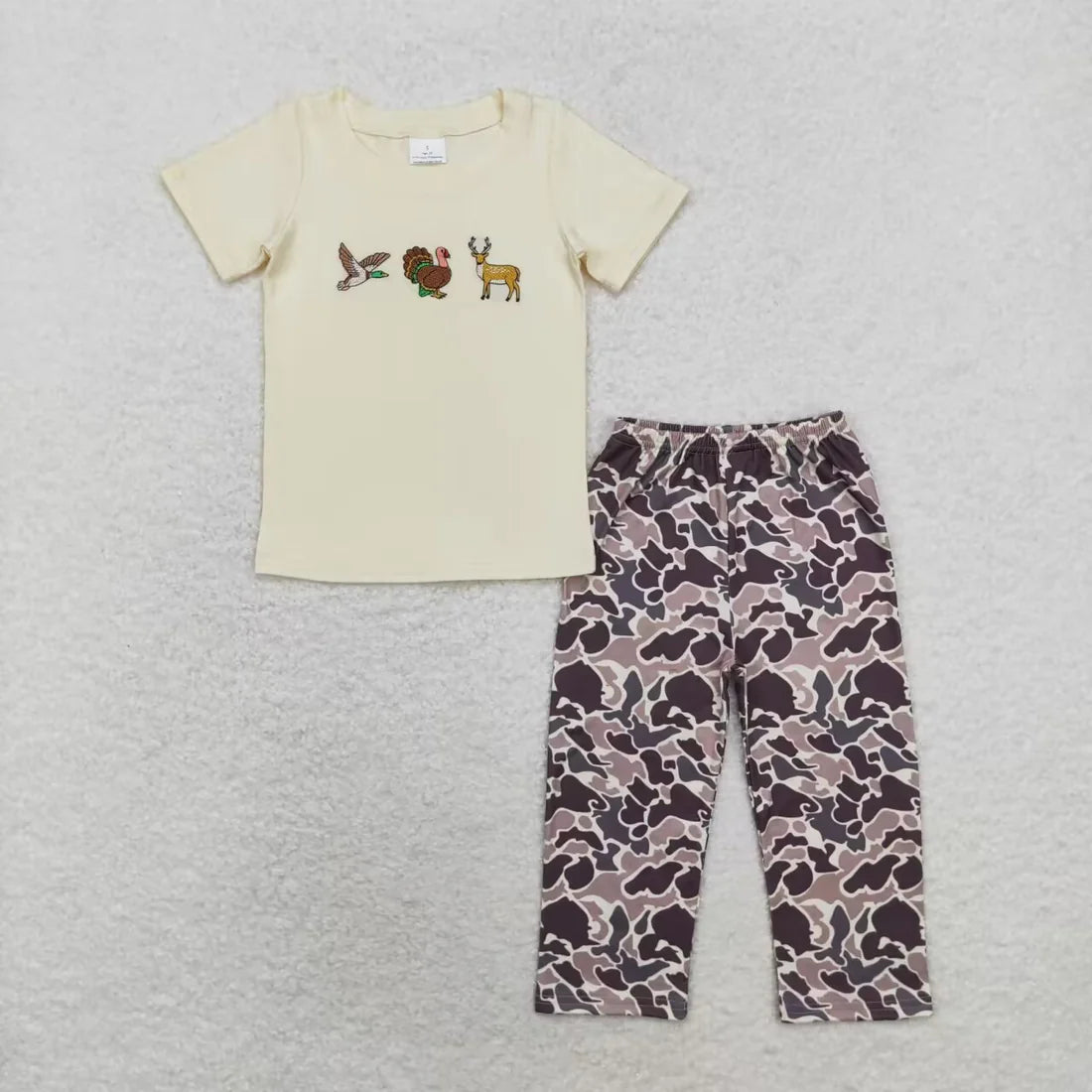 12.12 RTS Sibling Baby Boys Short Sleeve Embroidery Ducks Top Camo Pants Hunting Clothes Sets