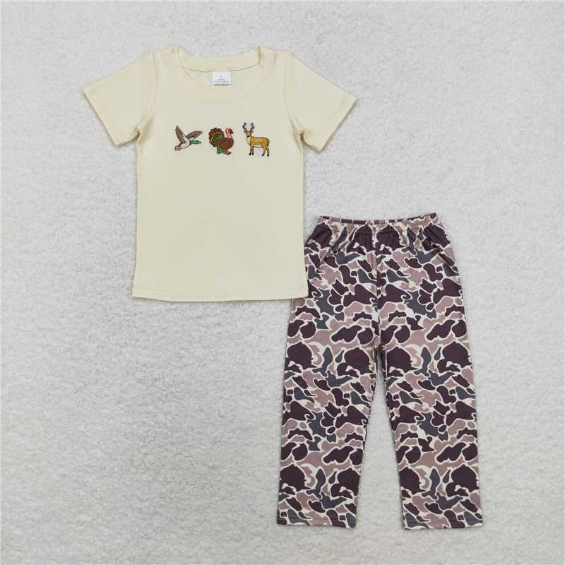6.11    RTS NO MOQ Duck turkey deer top camo pants kids boys outfits rompers