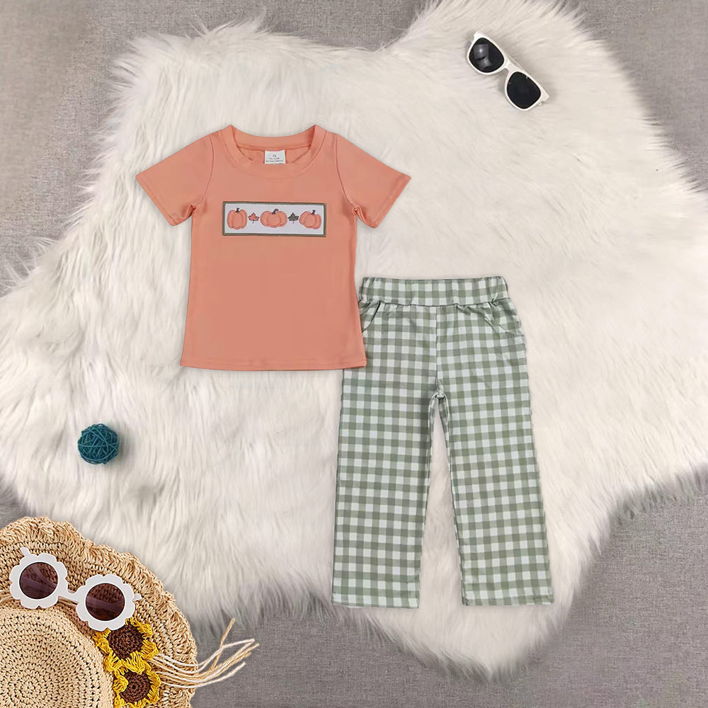 8.13   RTS Sibling Baby Boys Spring Outfits Blue pocket top plaid pants boys fall clothing set