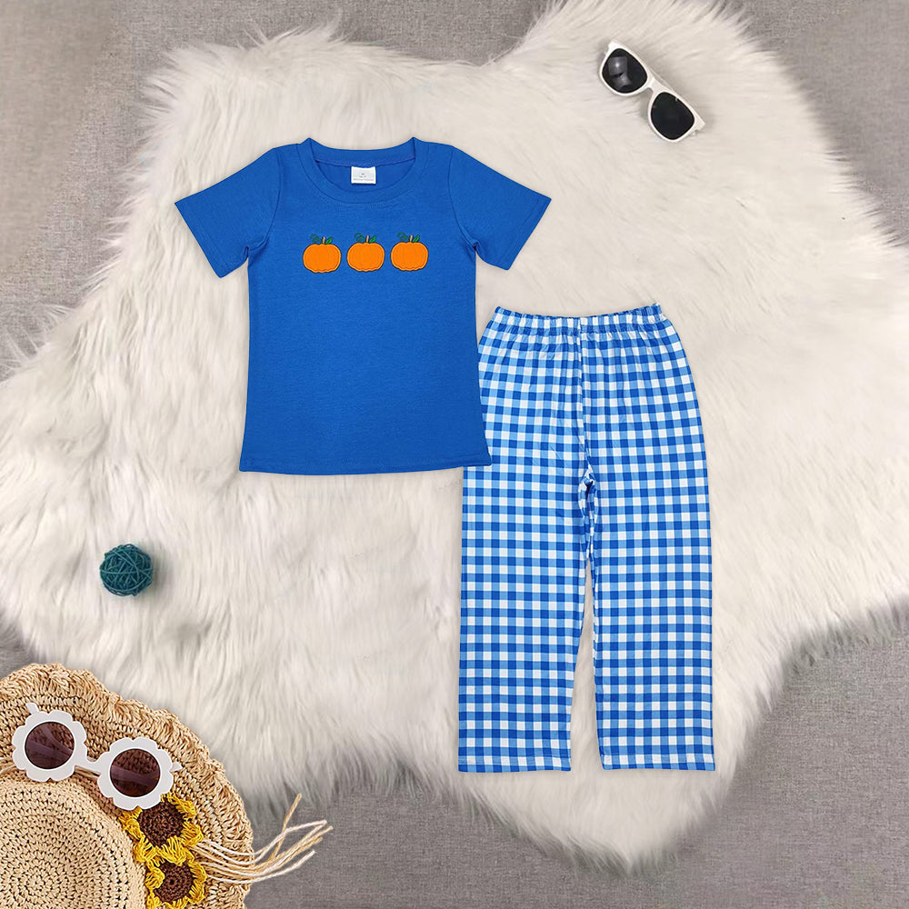 8.13   RTS Sibling Baby Boys Spring Outfits Blue pocket top plaid pants boys fall clothing set