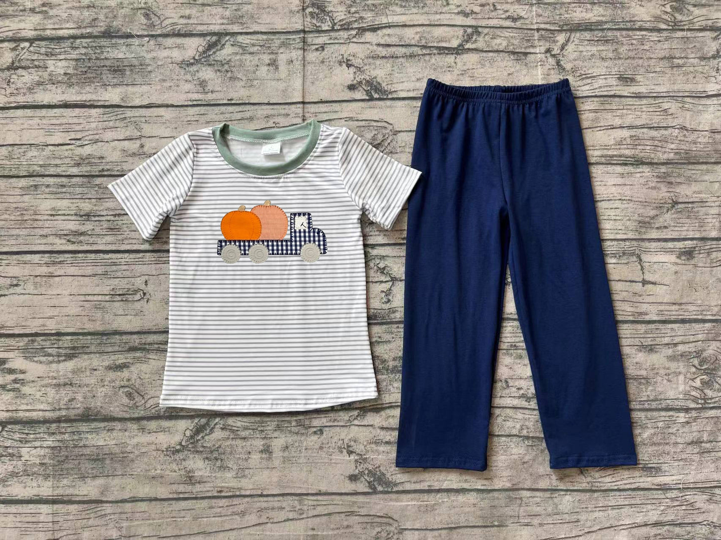 No moq BSPO0473 Pre-order Size 3-6m to 7-8t baby boy clothes embroidery short sleeve top with trousers kids autumn set