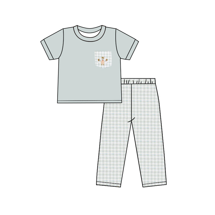 No moq BSPO0476 Pre-order Size 3-6m to 14-16t baby boy clothes short sleeve top with trousers kids autumn set