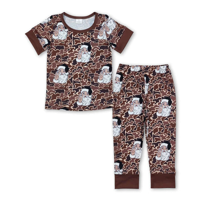 RTS Sibling milk silk Baby Girls And Boys Camo Santa Print Top Pants Pajamas Sets Dress Rompers Blankets