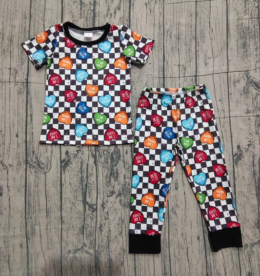 11.19 BSPO0490 mple No Moq Baby Boys Black Checked Hearts Top Pants Valentines Pajamas Sets