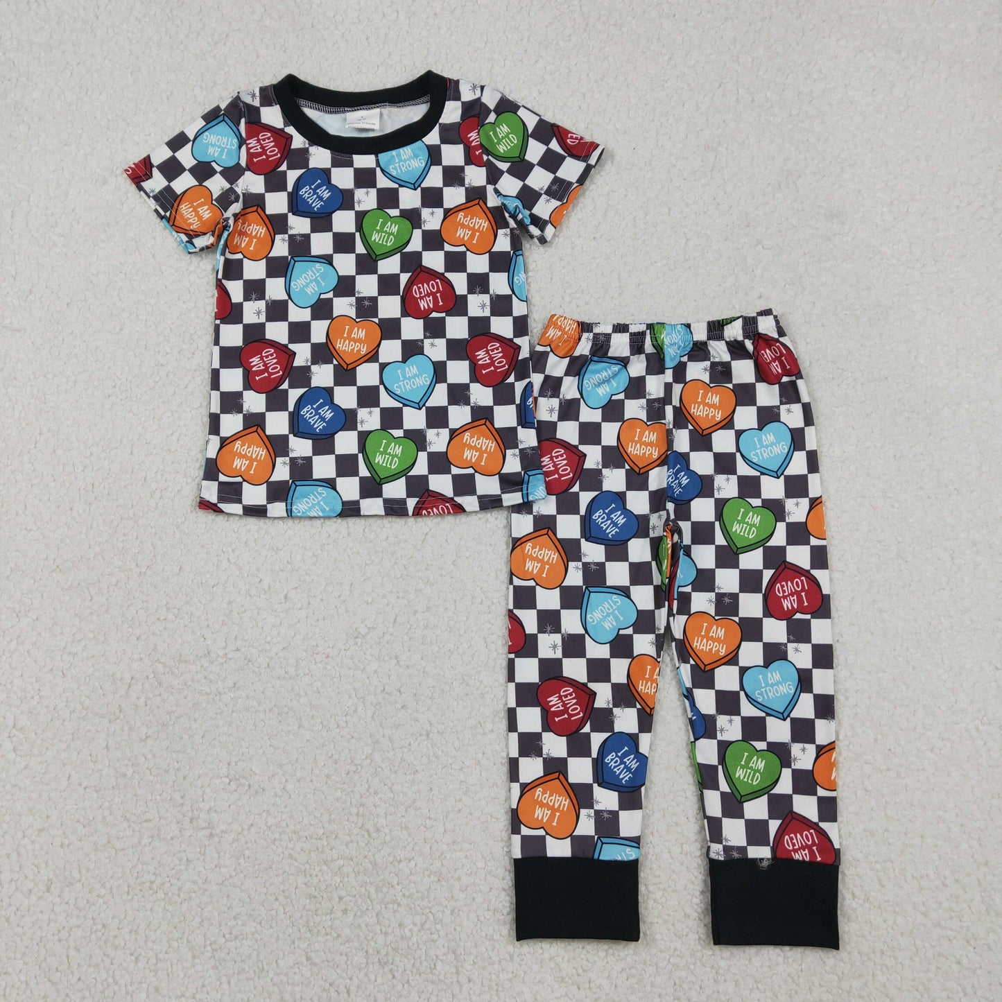 12.16 RTS NO MOQ （In stock）BSPO0490 Baby Boys Black Checked Hearts Top Pants Valentines Pajamas Sets