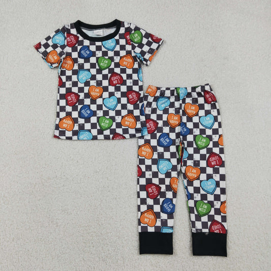 12.16 RTS NO MOQ （In stock）BSPO0490 Baby Boys Black Checked Hearts Top Pants Valentines Pajamas Sets