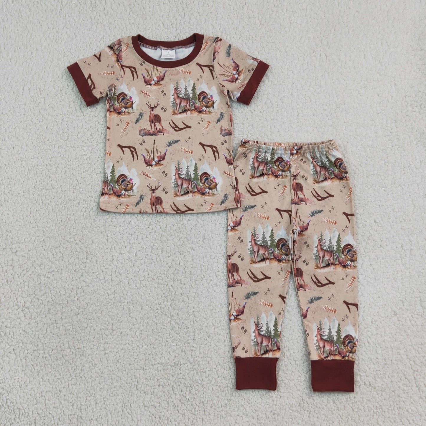 RTS NO MOQ （In stock） milk silk BSPO0494 Baby Boys Deer And Turkey Hunting Short Sleeve Top Matching Pants Fall Winter Hunting Pajamas Set