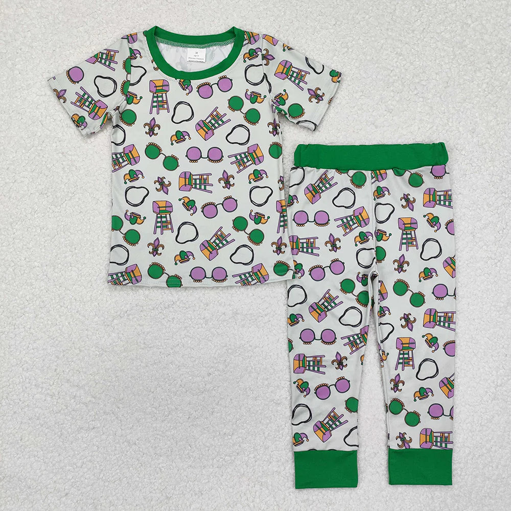 1.19 RTS Sibling Baby Boys Green Mardi Gras Rompers Pajamas