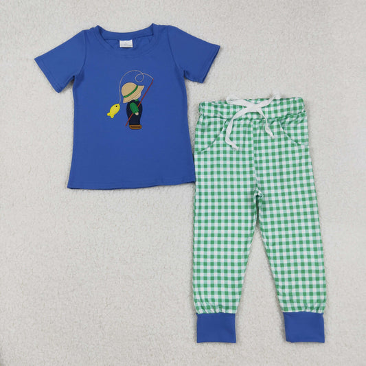 RTS NO MOQ （In stock）BSPO0506 Baby Boys Autumn Outfits Blue Plaid Short Sleeve Fishing Top And Pants Boys Clothing Set