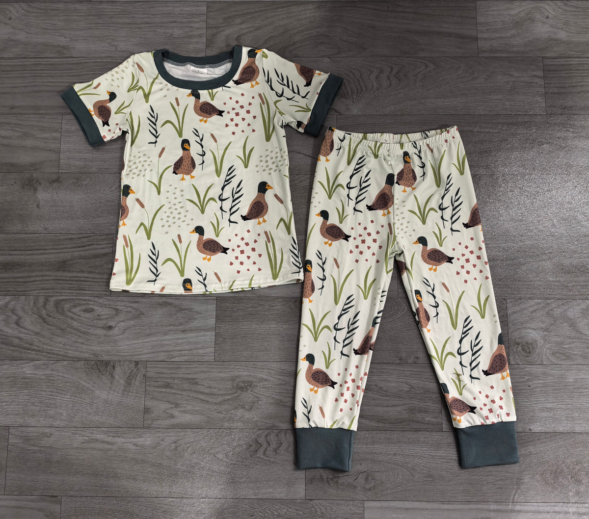 BSPO0519 Sample No Moq milk silk Baby Boys Mallard Ducks Green Shirt Pants Pajamas Clothes Sets