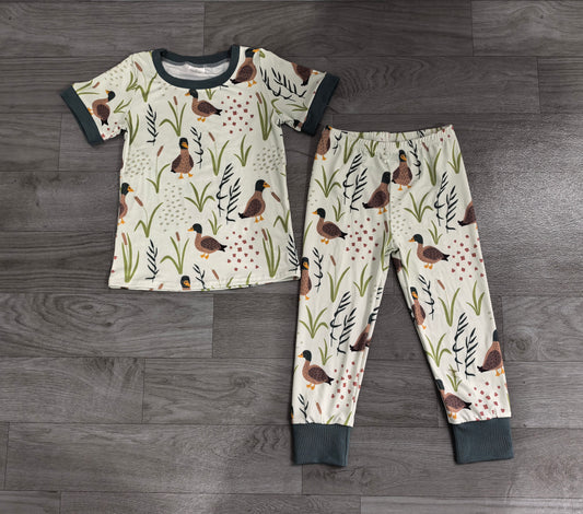 BSPO0519 Sample No Moq milk silk Baby Boys Mallard Ducks Green Shirt Pants Pajamas Clothes Sets