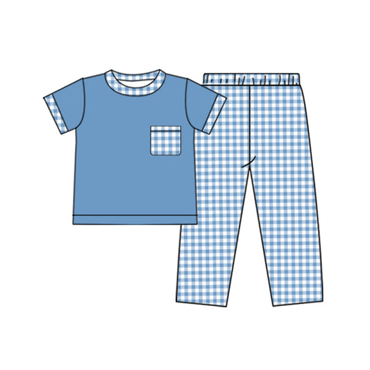 BSPO0523 Baby Boys Blue Pocket Shirts Checkered Pants Clothing Sets Preorder